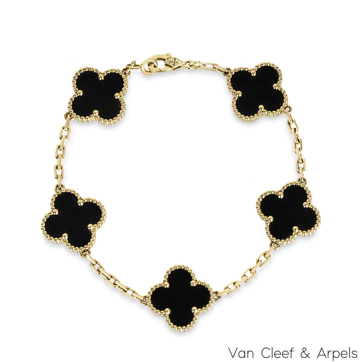 Van Cleef & Arpels Yellow Gold Onyx Vintage Alhambra 5 Motif Bracelet VCARA41300 Van Cleef & Arpels Yellow Gold Onyx Vintage Alhambra 5 Motif Bracelet VCARA41300